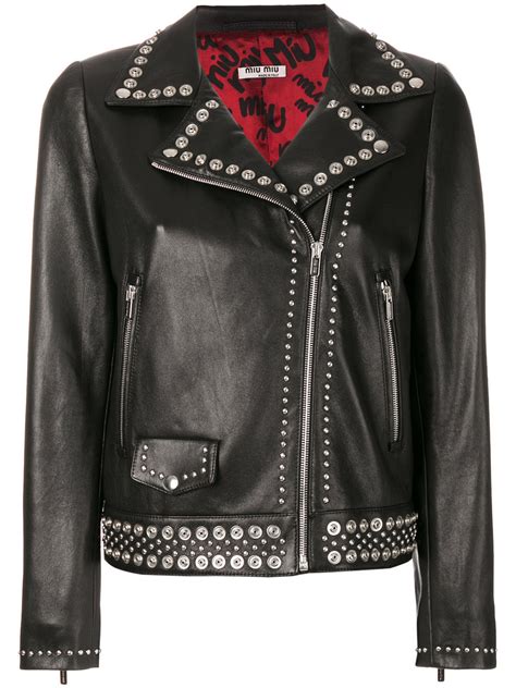 Pre Loved Miu Miu Studded Cropped Biker Jacket in Black Leather